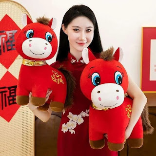 Choose a smiling or teary red pony plush to match your festive vibes